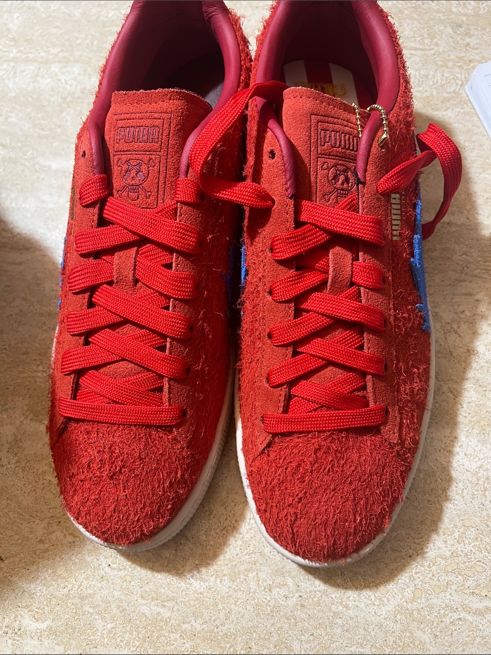 Puma One Piece Red Hairy Suede Low Top Sneakers with Blue Formstripe